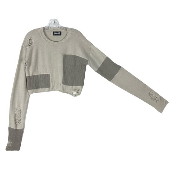 NWOT DARKER WAVS Sweater M Grey Colorblock Patchwork Distressed Oversized Crop